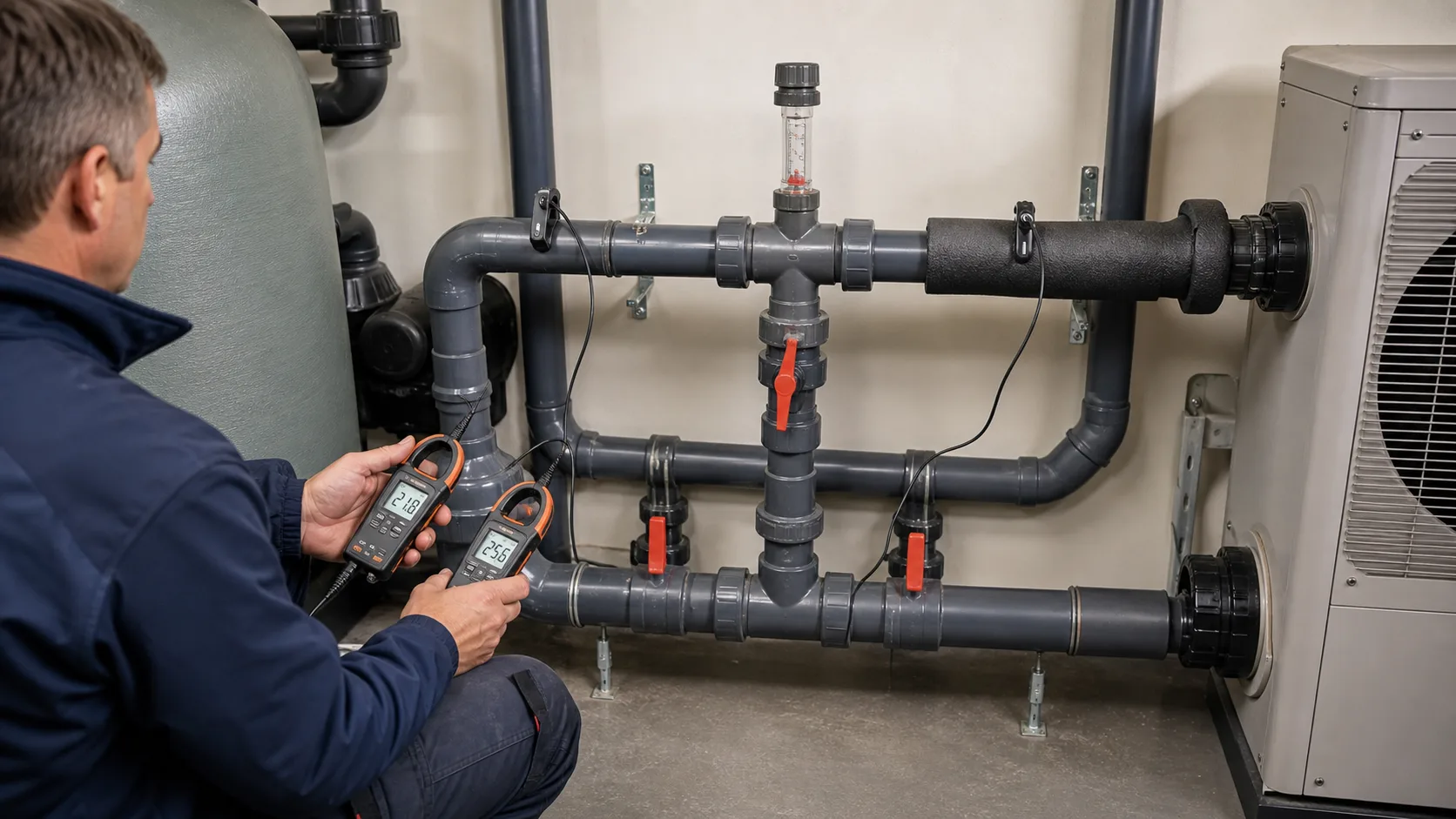 Pooltechniker misst Ein- und Austrittstemperatur an einem Wärmepumpen-Bypass im Technikraum