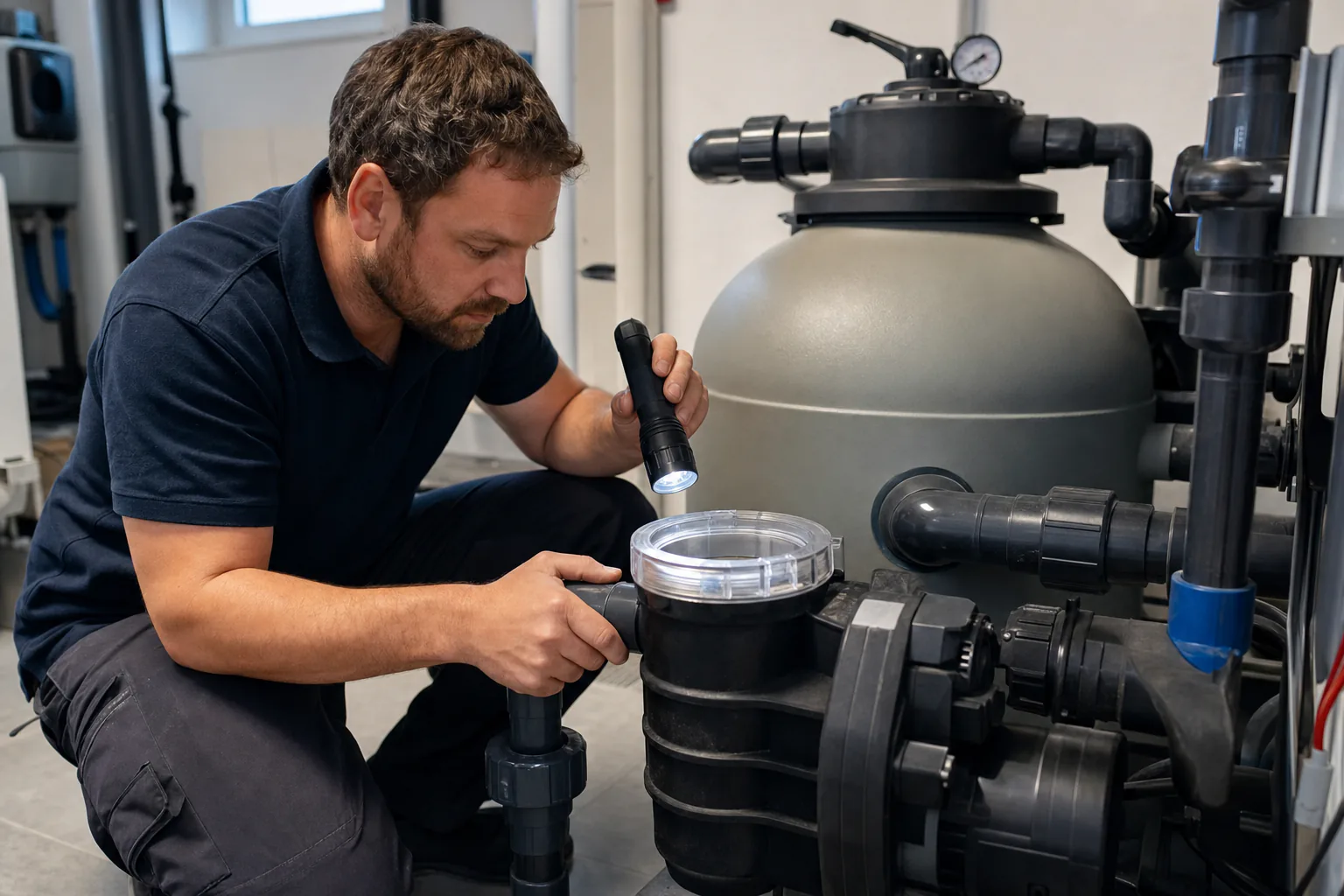 Pooltechniker in einem sauberen Technikraum prüft mit einer Taschenlampe den transparenten Vorfilterdeckel einer Poolpumpe; im Hintergrund sind Sandfilterkessel, Manometer und Verrohrung ohne Markenlogos zu sehen