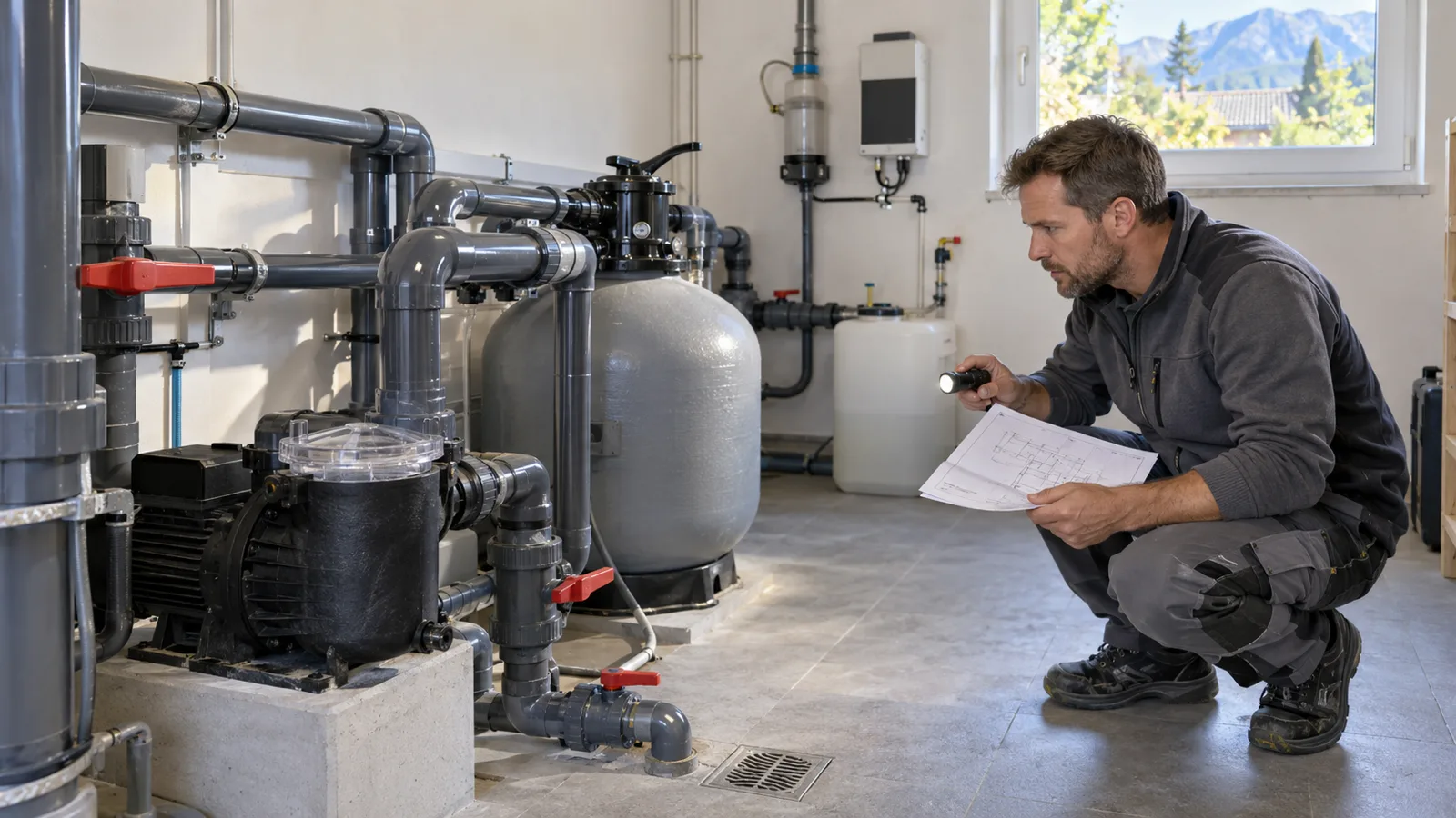 Techniker kontrolliert in einem Pooltechnikraum Pumpe, Sandfilter und tiefe Rohrleitungen vor dem Stillstand