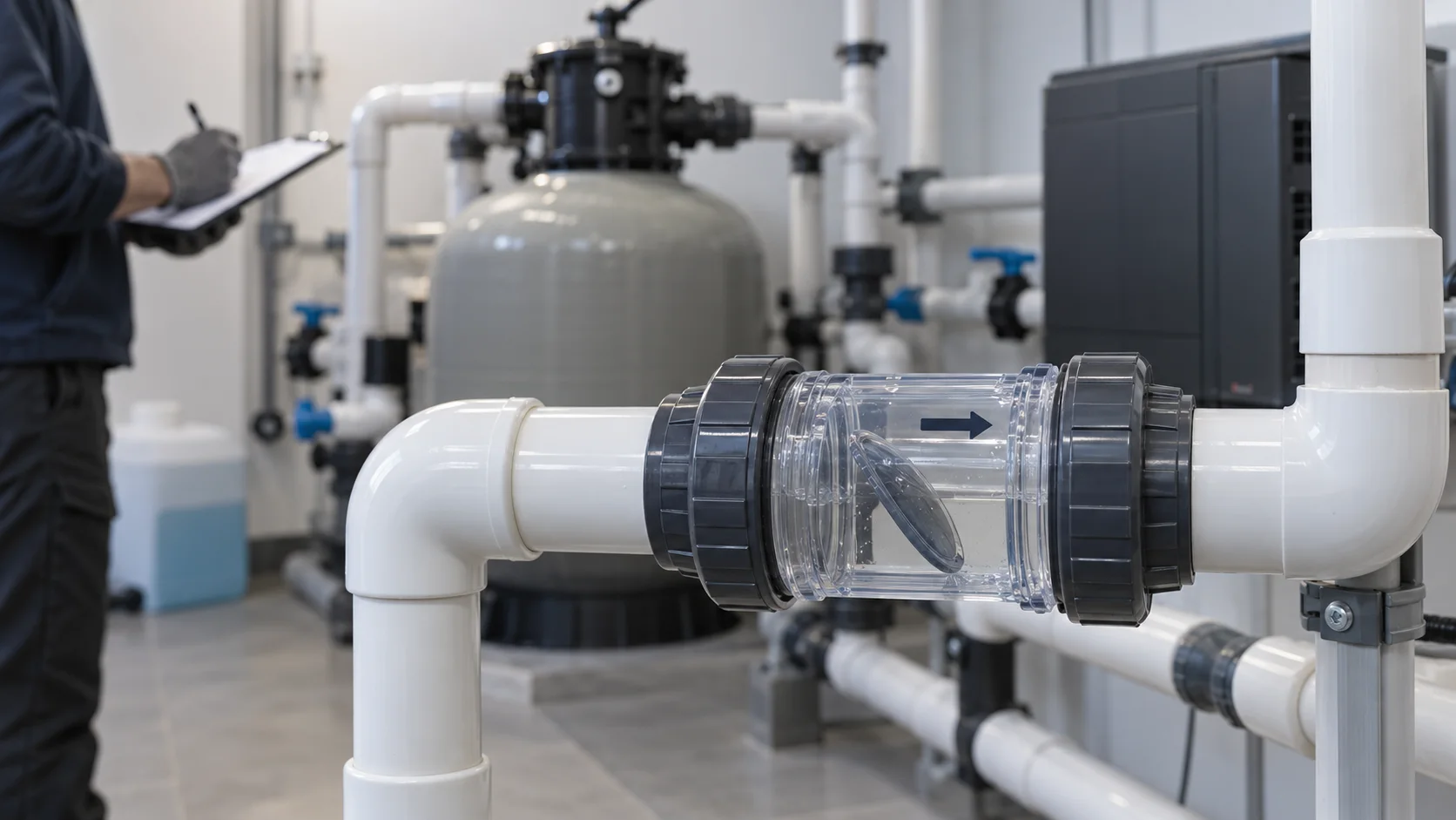 Transparentes Rückschlagventil in einer sauberen Pooltechnik-Verrohrung