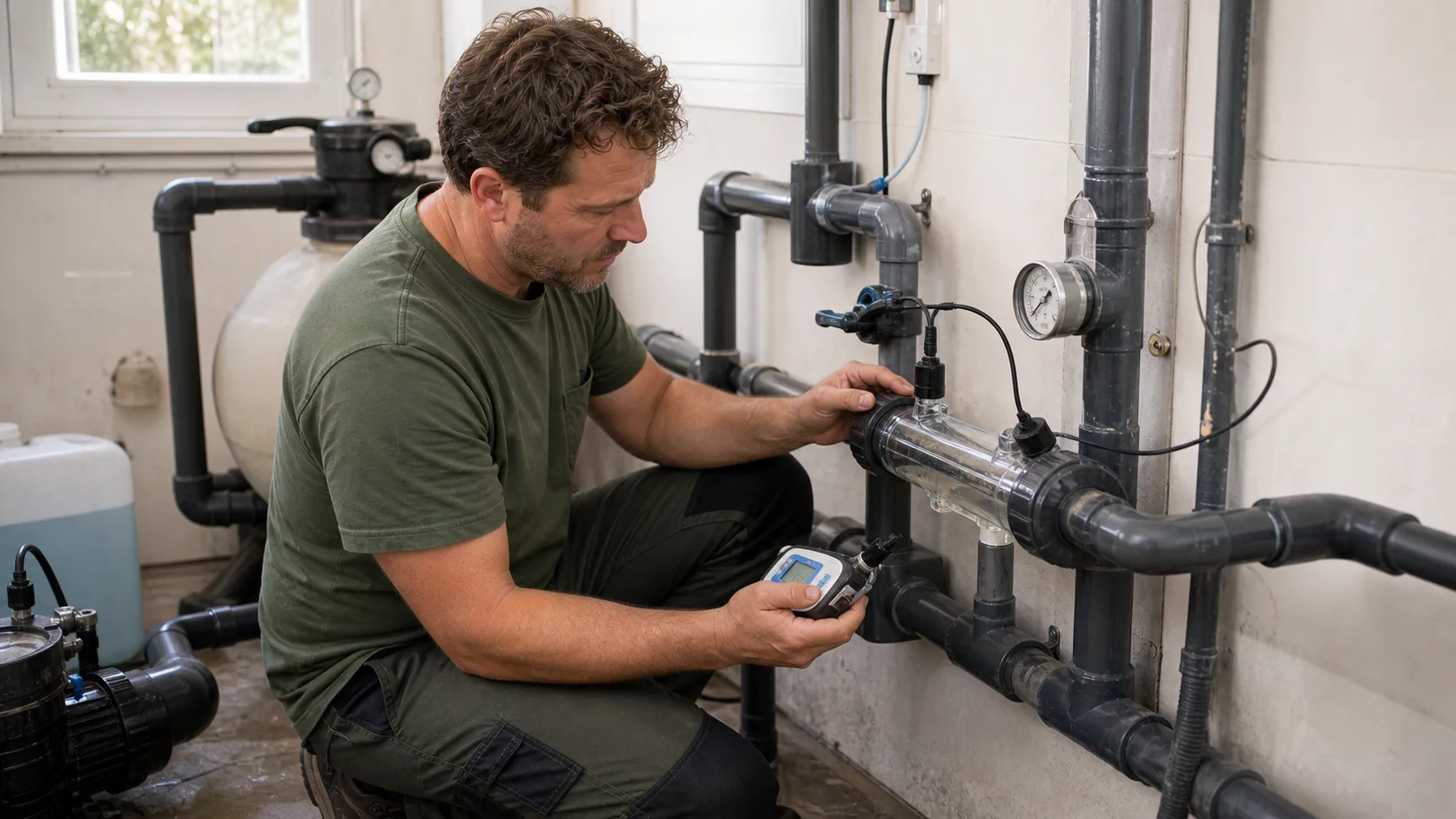 Pooltechniker prüft im Wiener Technikraum eine Salzelektrolyse-Zelle mit transparentem Gehäuse, Durchflussleitung und Messgerät, realistische Servicefotografie ohne Logos und Text