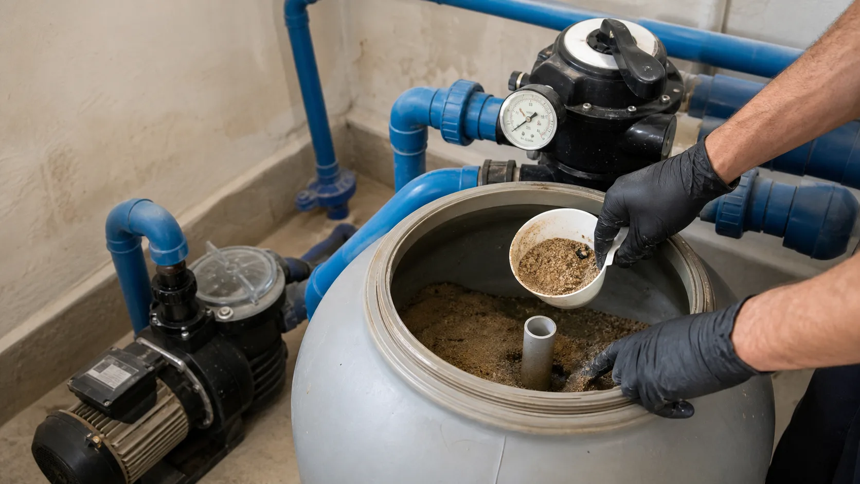 Servicetechniker prueft in einem Wiener Pool-Technikraum einen geoeffneten Sandfilter mit Filtermedium, Druckanzeige und blauer Verrohrung