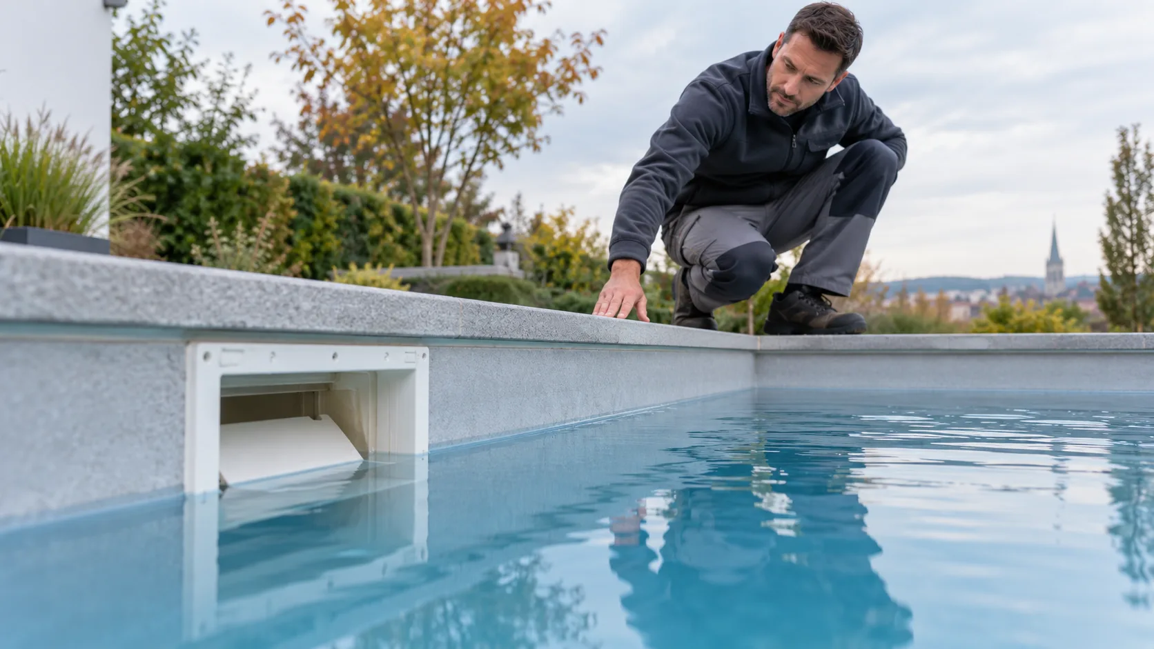 Pooltechniker prüft an einem Außenpool den Wasserstand und die Skimmeröffnung